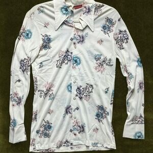 True Vintage 70s Floral Dagger Collar Knit Shirt - Mens Medium (Fits Slim/Small)
